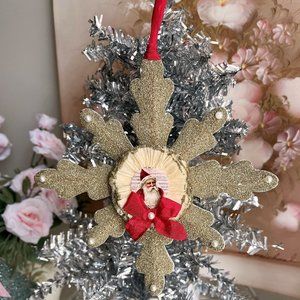 Gold Vintage German Glass Glittered Snowflake Christmas Ornament Antique Santa
